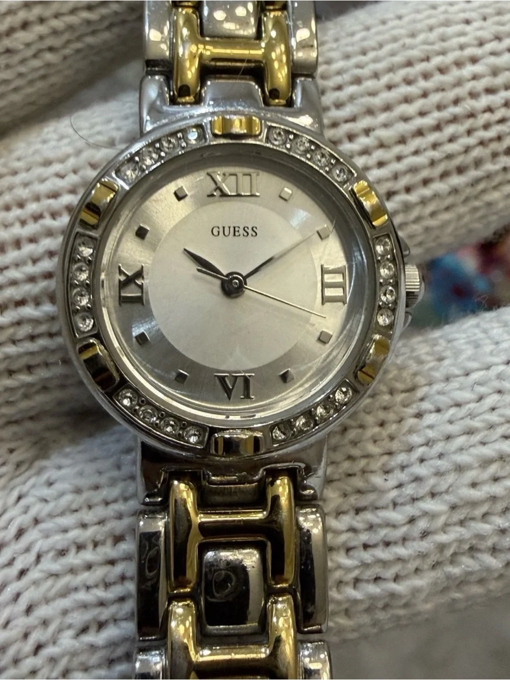 Guess Womens Watch G75479L Two Tone Silver Gold Crystal Bezel Roman Numeral